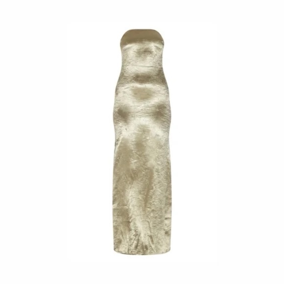 PrettyLittleThing Khaki Satin Bandeau Maxi Dress - Size 04 - Picture 1 of 2